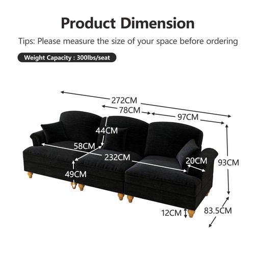 Canapé 3 Places Modulable Avec Jupe Amovible, Coussin Mobile Et Pieds Fuselés, Chenille Noir