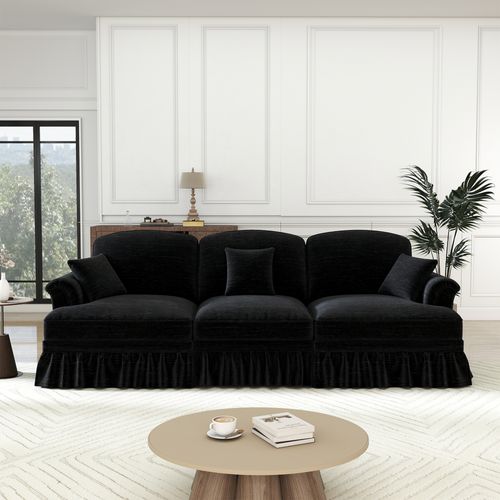 Canapé 3 Places Modulable Avec Jupe Amovible, Coussin Mobile Et Pieds Fuselés, Chenille Noir