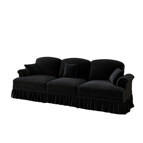 Canapé 3 Places Modulable Avec Jupe Amovible, Coussin Mobile Et Pieds Fuselés, Chenille Noir