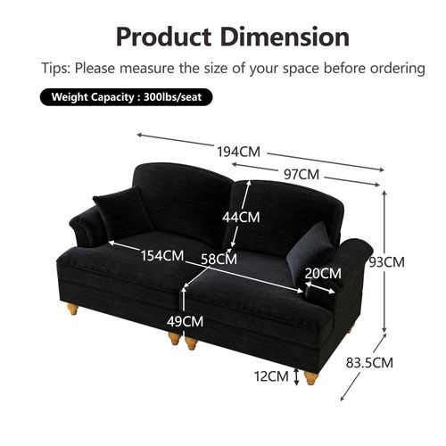 Canapé 2 Places Style Mid-century Avec Volant Amovible Et Pieds Fuselés, Noir