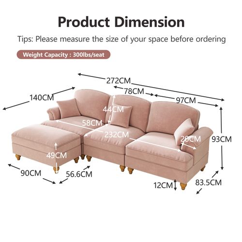 Canapé D'angle 3 Places Modulable Chenille Rose Avec Pouf Mobile Et Jupe Amovible Style Mid-century