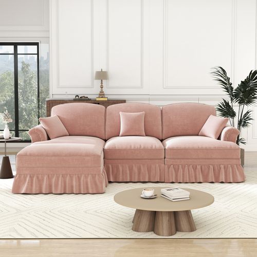 Canapé D'angle 3 Places Modulable Chenille Rose Avec Pouf Mobile Et Jupe Amovible Style Mid-century