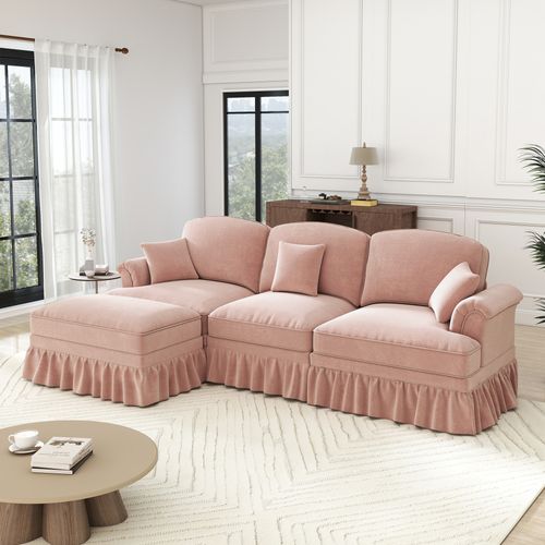 Canapé D'angle 3 Places Modulable Chenille Rose Avec Pouf Mobile Et Jupe Amovible Style Mid-century
