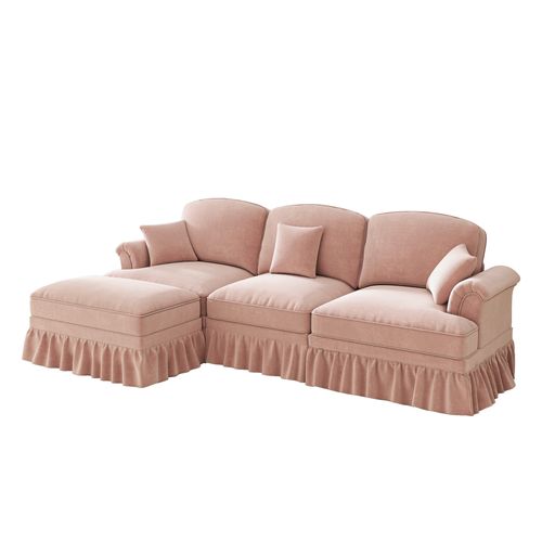 Canapé D'angle 3 Places Modulable Chenille Rose Avec Pouf Mobile Et Jupe Amovible Style Mid-century