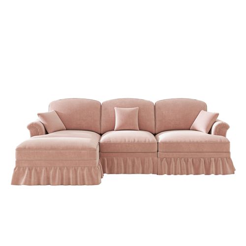 Canapé D'angle 3 Places Modulable Chenille Rose Avec Pouf Mobile Et Jupe Amovible Style Mid-century