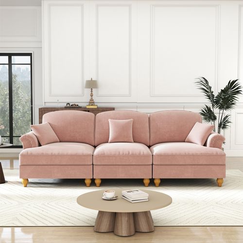 Canapé 3 Places Modulable En Chenille Rose, Jupe à Volants Amovible, Pieds Fuselés