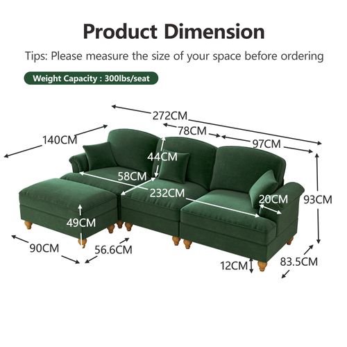 Canapé D'angle 3 Places Modulable Chenille Vert Avec Pouf Mobile Et Jupe Amovible Style Mid-century