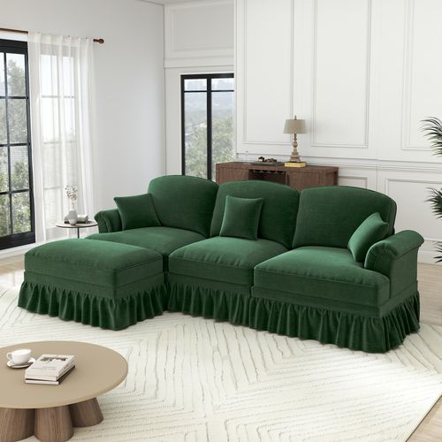 Canapé D'angle 3 Places Modulable Chenille Vert Avec Pouf Mobile Et Jupe Amovible Style Mid-century