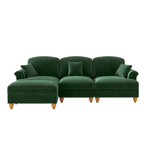 Canapé D'angle 3 Places Modulable Chenille Vert Avec Pouf Mobile Et Jupe Amovible Style Mid-century