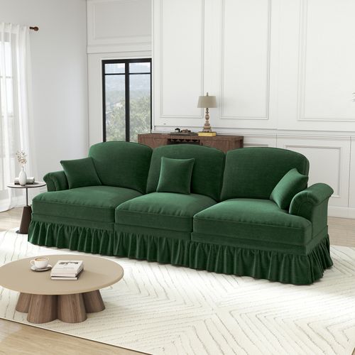 Canapé 3 Places En Tissu Chenille Vert, Jupe Amovible (2 Looks) Et Pieds Fuseau