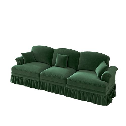 Canapé 3 Places En Tissu Chenille Vert, Jupe Amovible (2 Looks) Et Pieds Fuseau