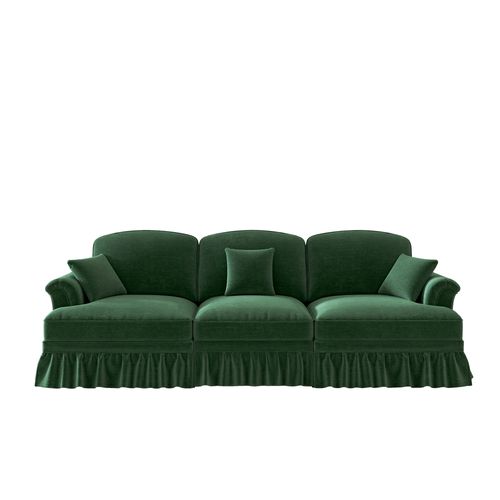 Canapé 3 Places En Tissu Chenille Vert, Jupe Amovible (2 Looks) Et Pieds Fuseau