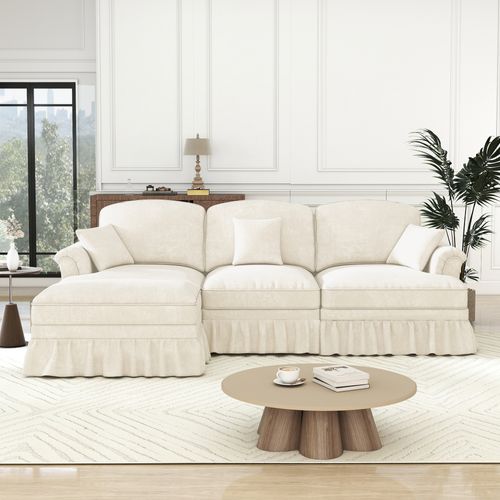 Canapé D'angle 3 Places Modulable Chenille Blanc Avec Pouf Mobile Et Jupe Amovible Style Mid-century