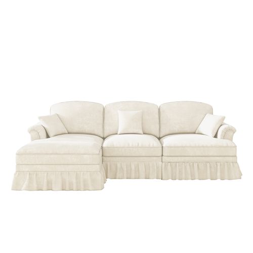 Canapé D'angle 3 Places Modulable Chenille Blanc Avec Pouf Mobile Et Jupe Amovible Style Mid-century