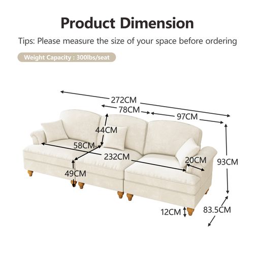Canapé 3 Places En Tissu Chenille Blanc, Jupe Amovible 2 Styles, Pieds Fuseau, Modulable