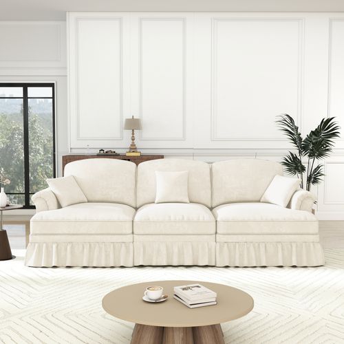 Canapé 3 Places En Tissu Chenille Blanc, Jupe Amovible 2 Styles, Pieds Fuseau, Modulable