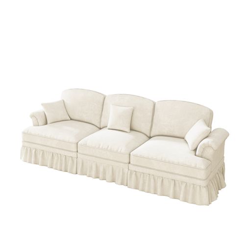 Canapé 3 Places En Tissu Chenille Blanc, Jupe Amovible 2 Styles, Pieds Fuseau, Modulable
