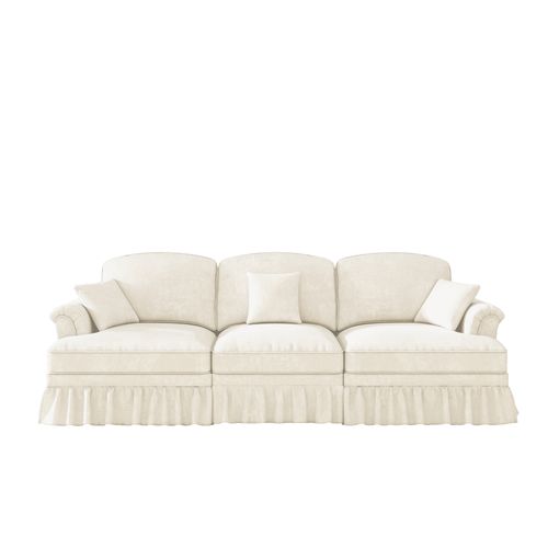 Canapé 3 Places En Tissu Chenille Blanc, Jupe Amovible 2 Styles, Pieds Fuseau, Modulable