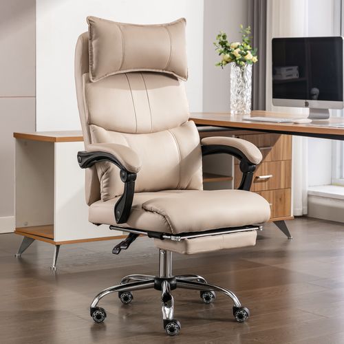 Fauteuil De Bureau Ergonomique En Pu Beige, Dossier Inclinable Et Soutien Lombaire Réglable