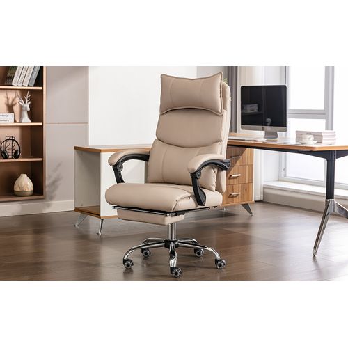 Fauteuil De Bureau Ergonomique En Pu Beige, Dossier Inclinable Et Soutien Lombaire Réglable