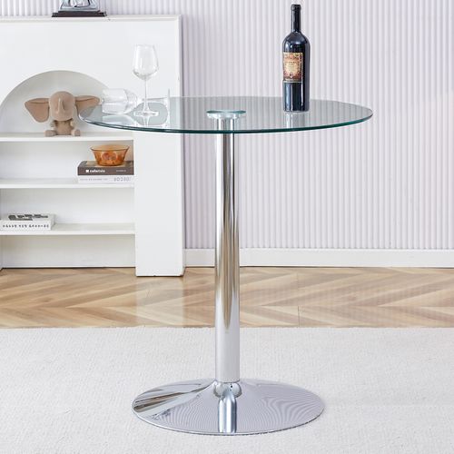 Table Haute, Bout De Canapé Ronde En Verre 89×92 Cm – Table Café Salon, Base Métal Argenté