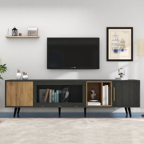 Meuble TV Gris 200x40x55,5 Cm à Veinage Bois, Avec 3 Portes Et Niche Ouverte Pour TV 90''