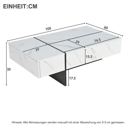 Table Basse 105x60x35 Cm Avec 3 Tiroirs Et Éclairage LED, Blanc, Plateau Effet Marbre