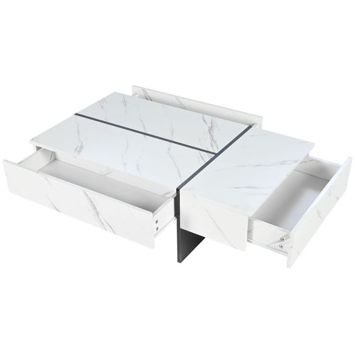 Table Basse 105x60x35 Cm Avec 3 Tiroirs Et Éclairage LED, Blanc, Plateau Effet Marbre