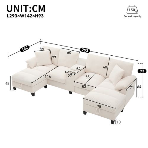 Canapé D'angle En U 293×142×93 Cm, 4 Places, Velours Côtelé Beige, Avec Rangements Et 2 Ports USB