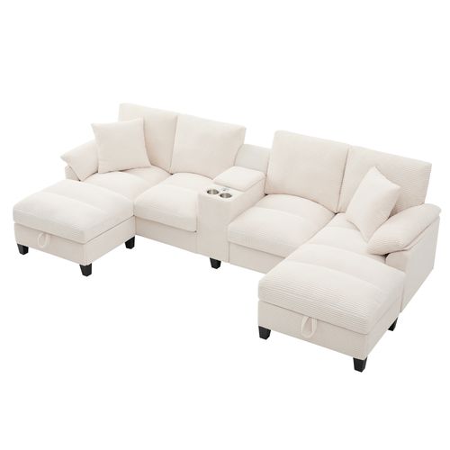 Canapé D'angle En U 293×142×93 Cm, 4 Places, Velours Côtelé Beige, Avec Rangements Et 2 Ports USB