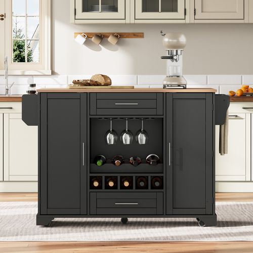 Desserte De Cuisine à Roulettes Extensible Noir/naturel, 2 Portes, 2 Tiroirs Et Range-bouteilles