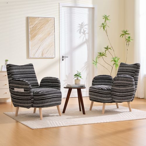 Fauteuil Tissu Bouclé Noir 77x81x87 Cm Avec Poche Latérale Et Pieds En Bois