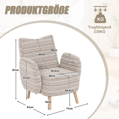 Fauteuil Tissu Bouclé Kaki, Pochette Latérale, Pieds En Bois, 77x81x87 Cm