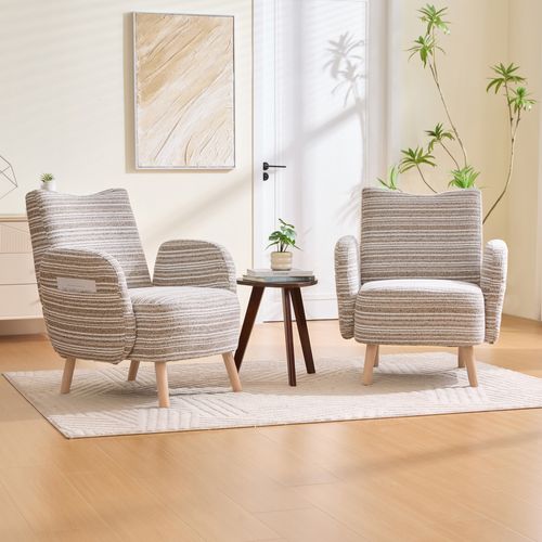 Fauteuil Tissu Bouclé Kaki, Pochette Latérale, Pieds En Bois, 77x81x87 Cm