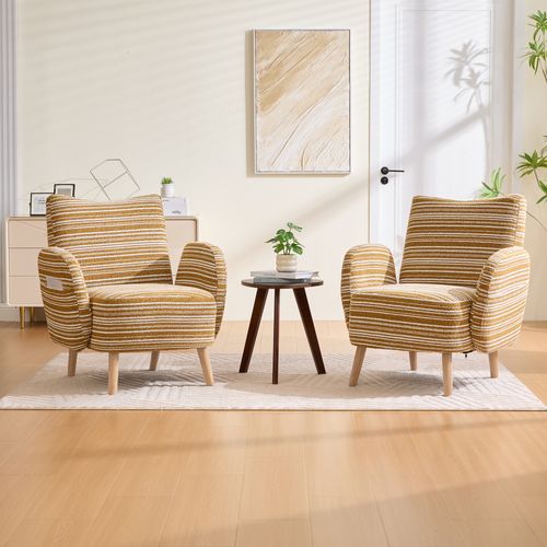 Fauteuil Tissu Bouclé Jaune Moutarde Avec Poche Latérale Et Pieds En Bois 77x81x87 Cm