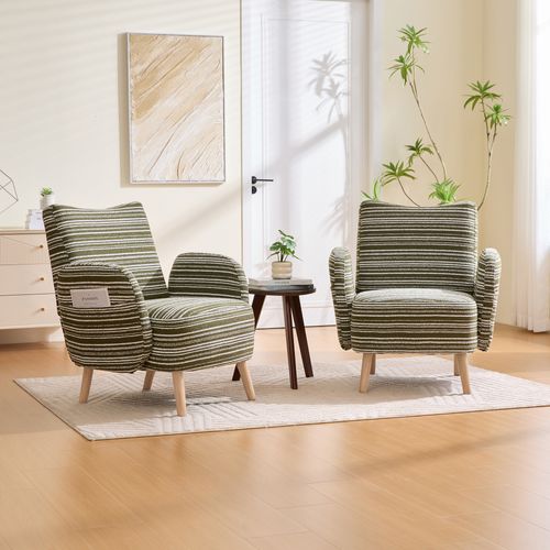 Fauteuil 77x81x87 Cm En Tissu Bouclé Vert Olive, Pieds En Bois, Avec Poche Latérale