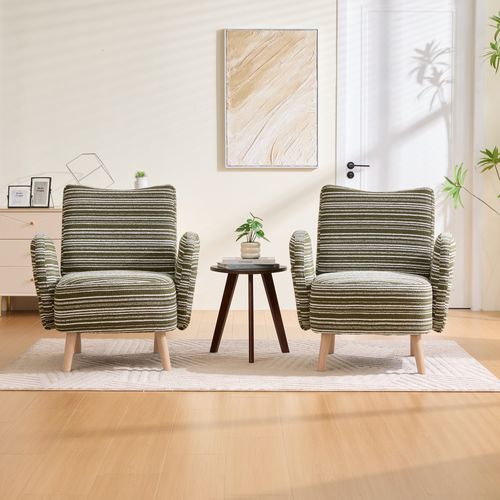 Fauteuil 77x81x87 Cm En Tissu Bouclé Vert Olive, Pieds En Bois, Avec Poche Latérale