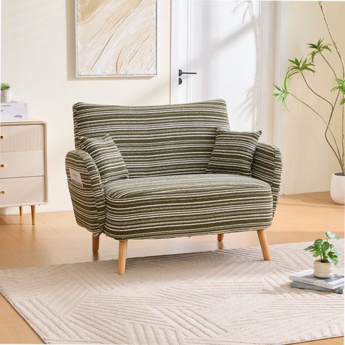 Canapé 2 Places En Tissu Bouclé Vert Olive Avec Poches De Rangement 121x81,5x87 Cm