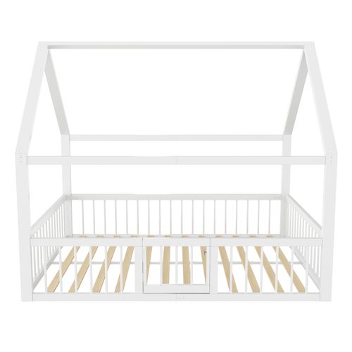 Lit Enfant 140 X 200 Cm Cabane Au Sol En Métal Blanc Avec Portes Et Sommier à Lattes