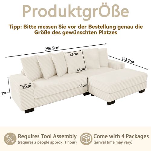 Canapé D'angle 4 Places 256,5×133,5×89 Cm Velours Côtelé Beige Avec 6 Coussins