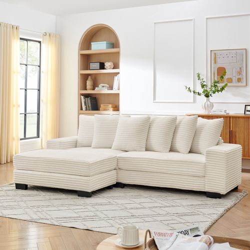Canapé D'angle 4 Places 256,5×133,5×89 Cm Velours Côtelé Beige Avec 6 Coussins