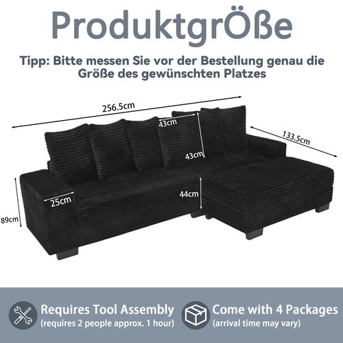 Canapé D'angle 4 Places 256,5×133,5×89 Cm, Tissu Bouclé Noir, 6 Coussins