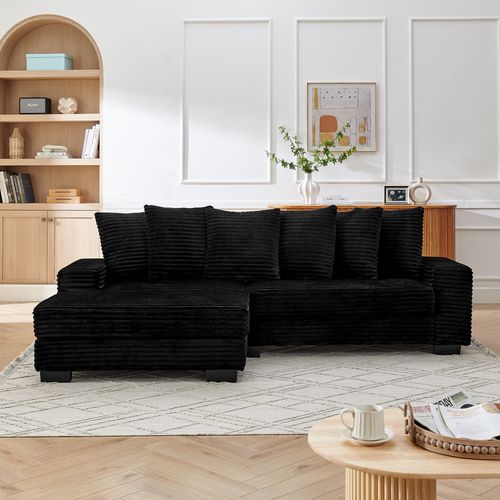 Canapé D'angle 4 Places 256,5×133,5×89 Cm, Tissu Bouclé Noir, 6 Coussins