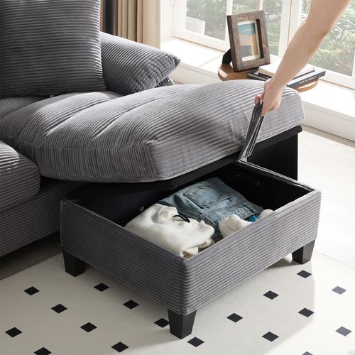 Canapé D'angle En U 4 Places En Velours Côtelé Gris, Avec Coffres Rangements Et 2 Ports USB