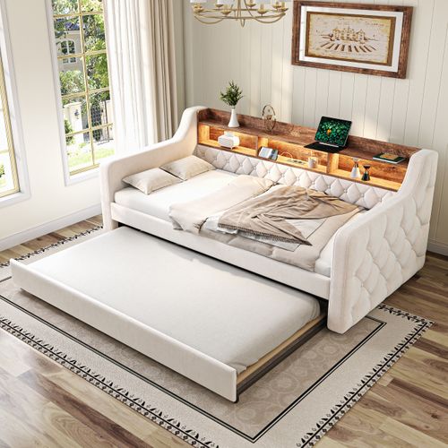 Lit Gigogne Enfant 90x190 Cm Velours Beige Avec Rangement, LED Et Port USB‑c, Sommiers à Lattes