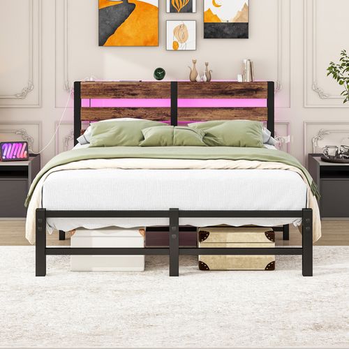 Lit Adulte 120x200 Cm Métal Noir Et Bois Brun Avec Rangements, Éclairage LED Et Ports USB