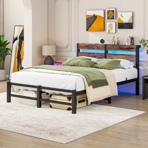 Lit Adulte 120x200 Cm Métal Noir Et Bois Brun Avec Rangements, Éclairage LED Et Ports USB