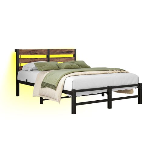 Lit Adulte 120x200 Cm Métal Noir Et Bois Brun Avec Rangements, Éclairage LED Et Ports USB