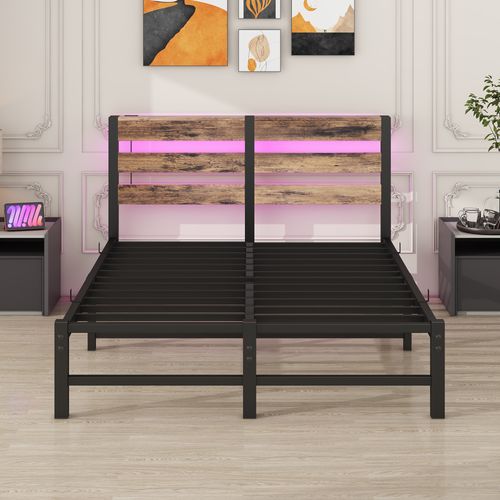 Lit Adulte 120x200 Cm Métal Noir Et Bois Brun Avec Rangements, Éclairage LED Et Ports USB