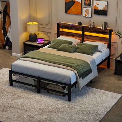 Lit Adulte 120x200 Cm Métal Noir Et Bois Brun Avec Rangements, Éclairage LED Et Ports USB